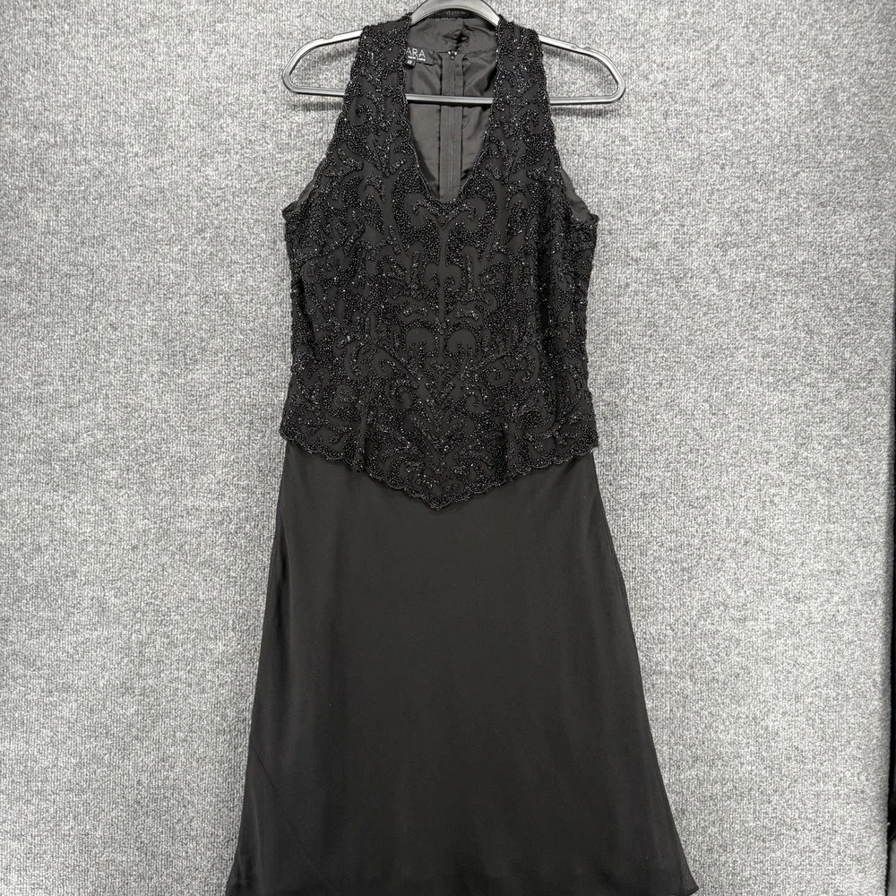 J Kara Beaded Dress Womens 12 Black Sleeveless Midi Bodice Evening Gown Formal